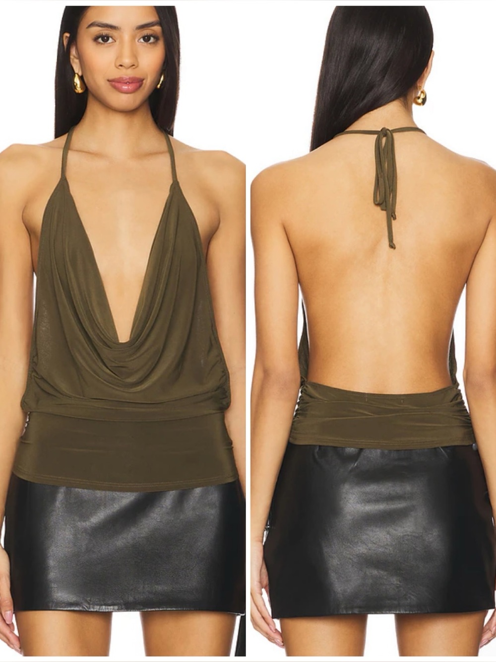 NWT Bella Venice Elsa Top Cowl Neck Olive Green Open Back Halter size S